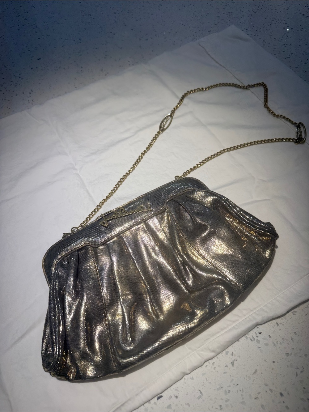 Silver Metallic Evening Clutch with Chain Strap
